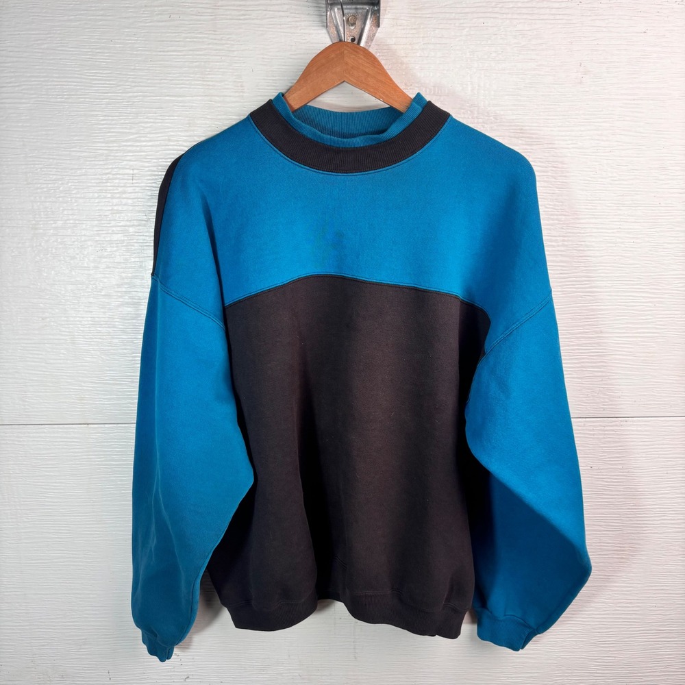 Vintage Hanes Colorblock Sweatshirt Teal Black 90s Made USA XL